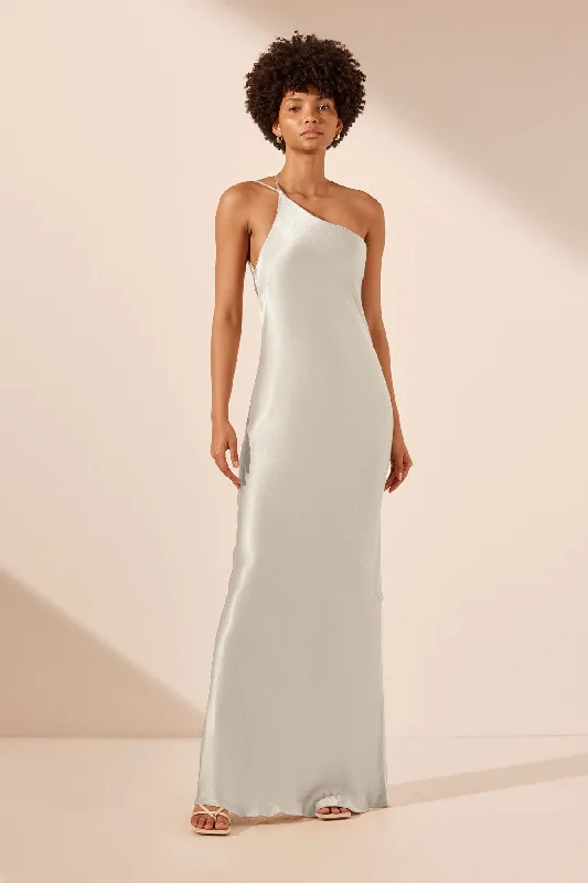 LA LUNE ONE SHOULDER COWL BACK MAXI DRESS - SILVER