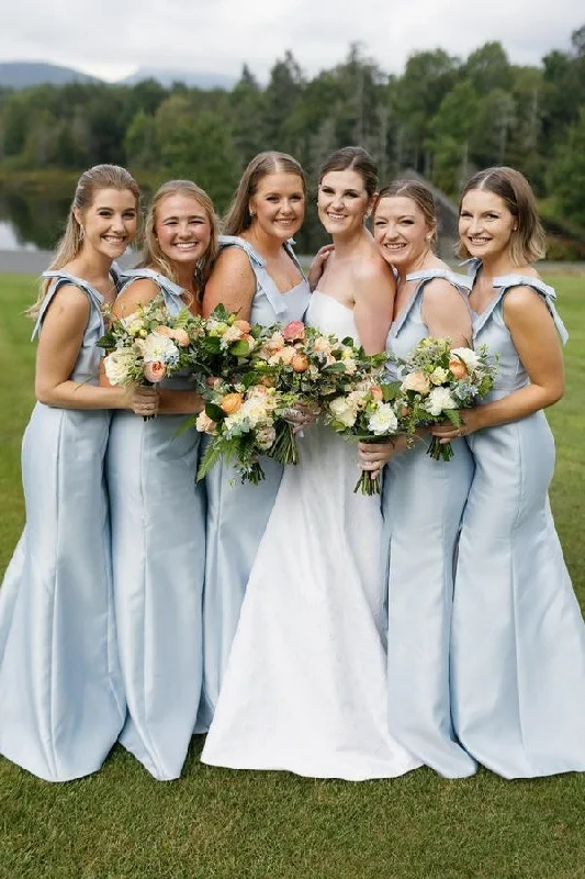 Light Blue Slit Bridesmaid Dress with Bow Tie Straps