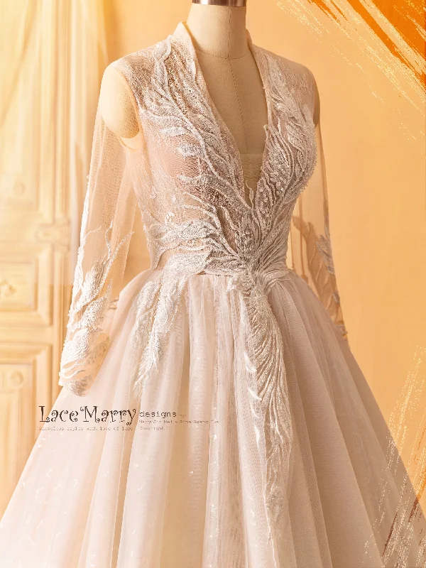 MIA / Long Sleeves Wedding Dress with Hand Beaded Amazing Flower Appliques