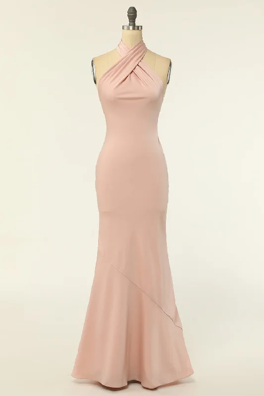 Mermaid Blush Pink Halter Long Bridesmaid Dress