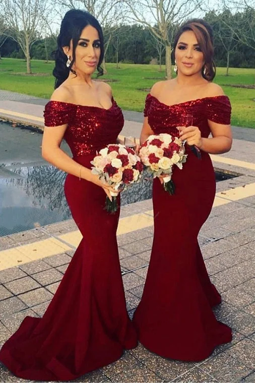 Off-the-Shoulder Long Burgundy Bridesmaid Dress