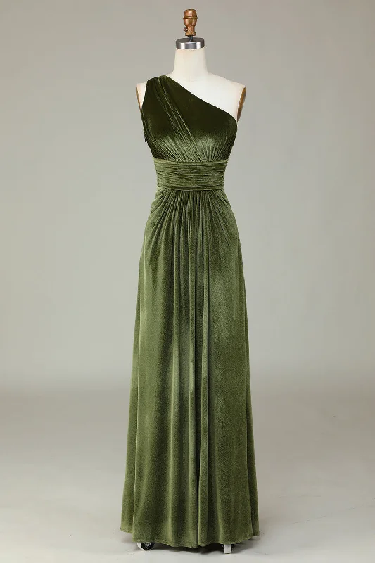 One Shoulder Olive Green Pleated Velvet Bridesmaid Dress