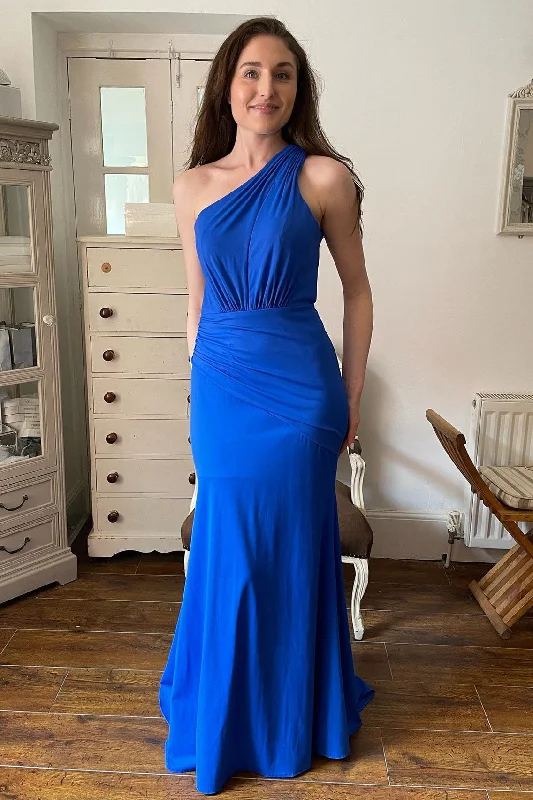 Pleated One Shoulder Royal Blue Mermaid Bridesmaid Dress