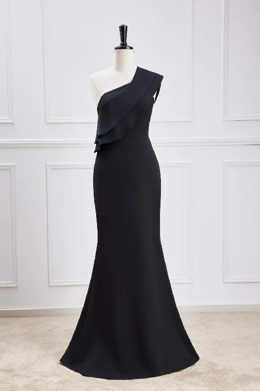 Ruffled One Shoulder Black Chiffon Maxi Dress