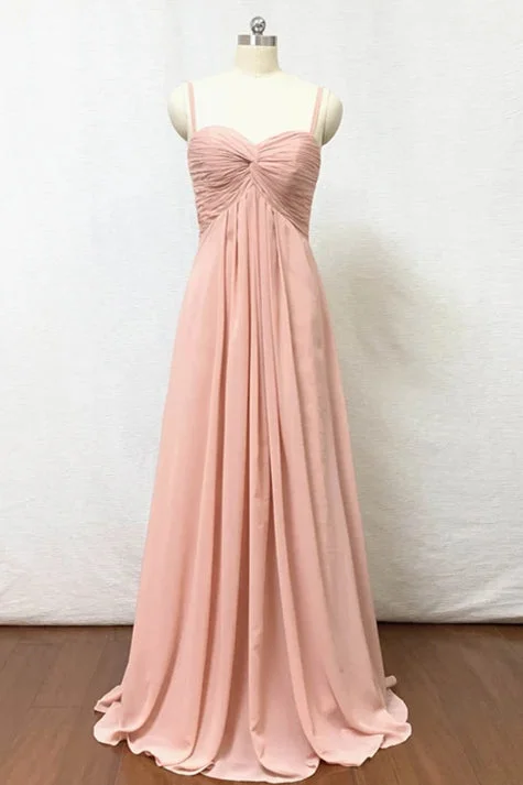 Spaghetti Straps Blush Pink Pleate Chiffon Long Bridesmaid Dress