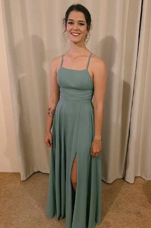 Spaghetti Straps Sage Green Long Bridesmaid Dress