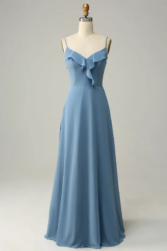 Strap Dusty Blue Ruffle A-Line Bridesmaid Dress