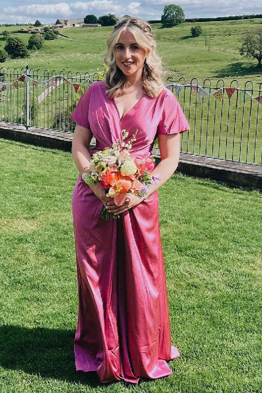 V-Neck Magenta Long Bridesmaid Dress with Short Sleeves