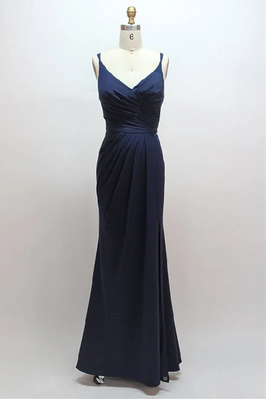 V-Neck Navy Satin Pleated Long Bridesmaid Dress