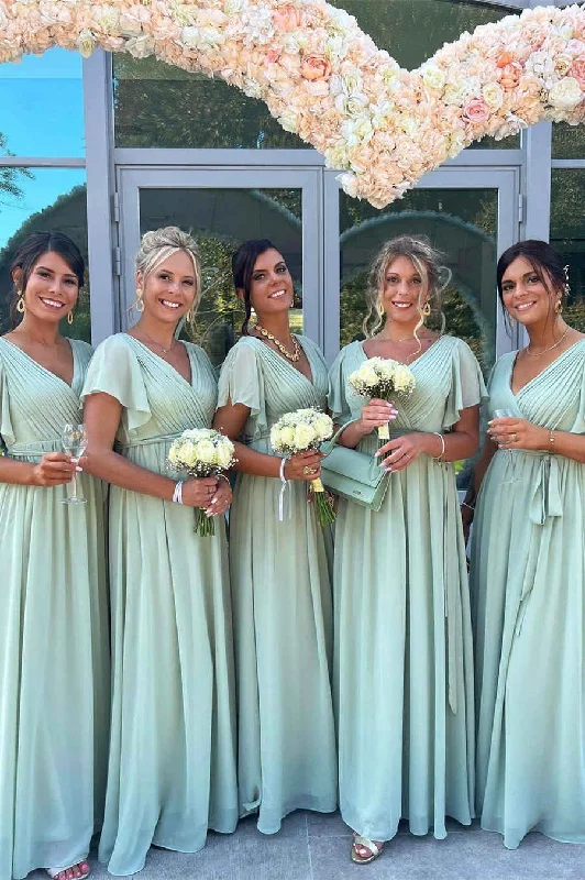 V-Neck Sage Green Pleated Chiffon Bridesmaid Dress